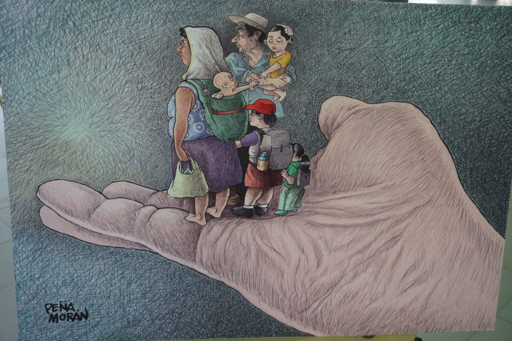 Refugee art, the family, being delivered to a better life