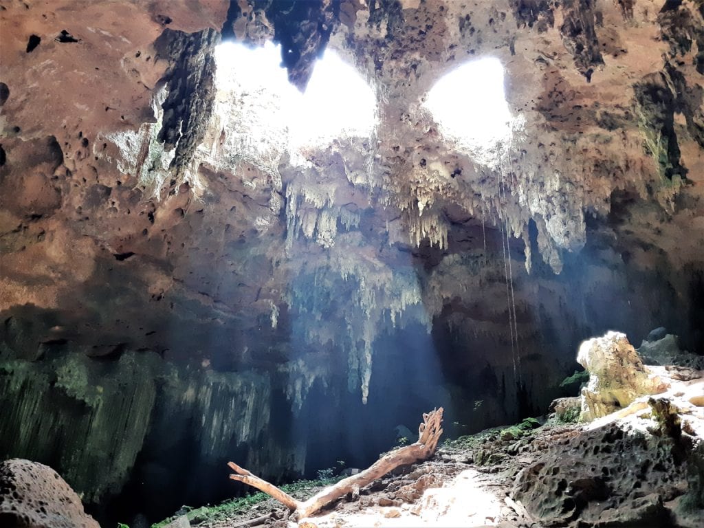 Close up view overhead openings, entrance Grottoes Loltun Caves