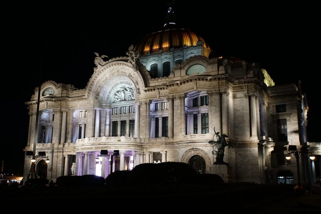 Bellas Artes lite up at night