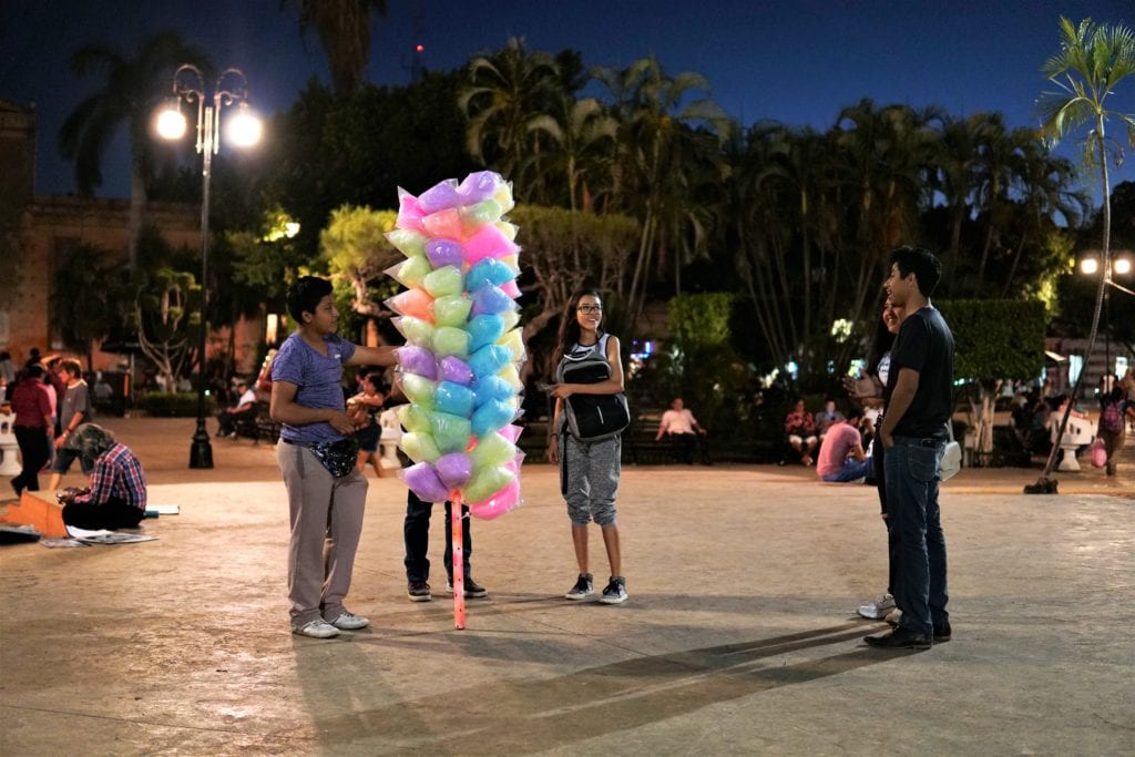 Merida historic center at night cotton candy vendor