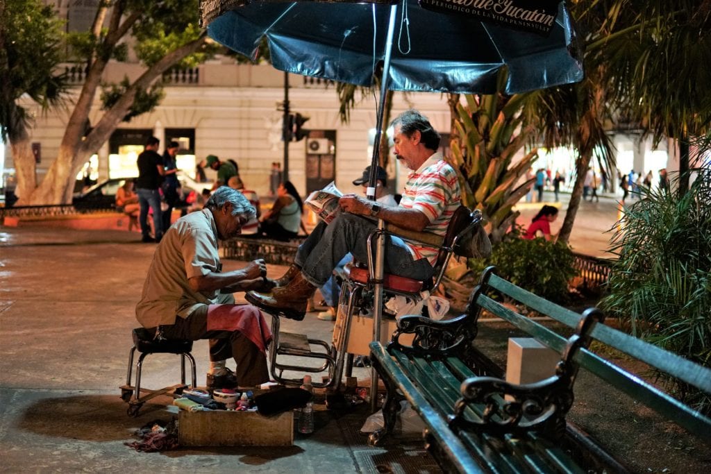 Merida historic center at night shoe shine