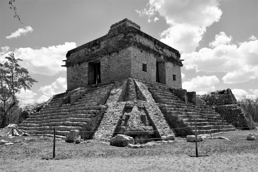 Temple of the Seven Dolls Dzibilchaltun in black and white