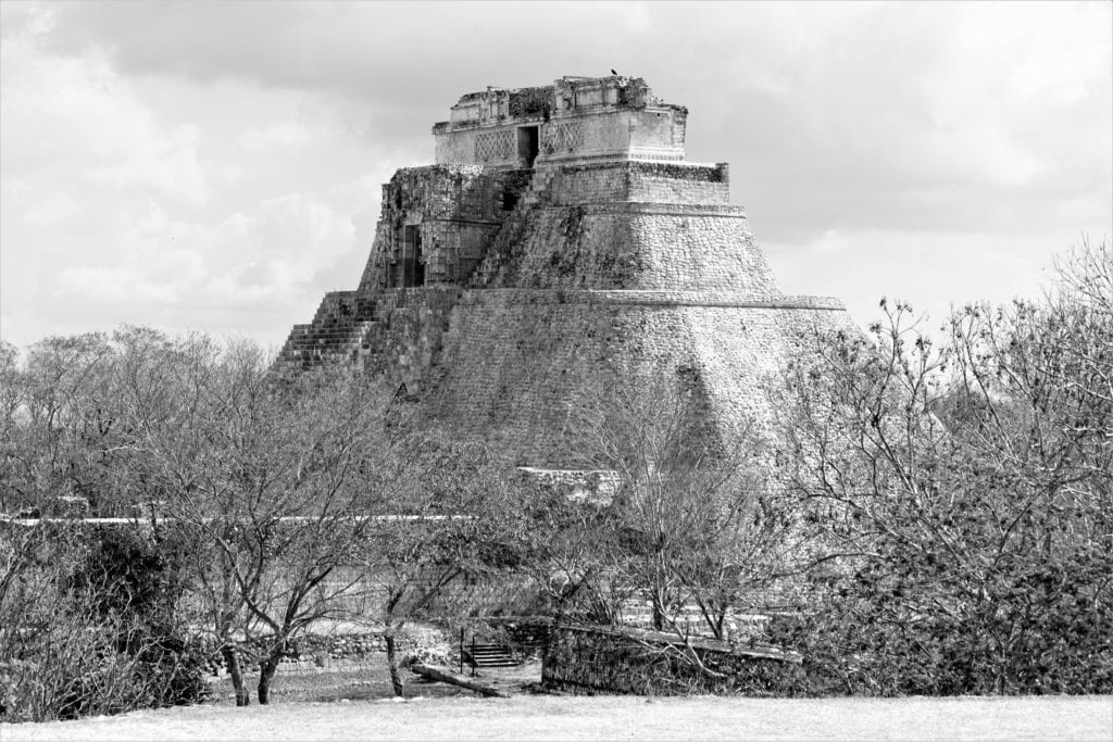 Black & white view of Magicians Pyramid from governors structure Uxmal