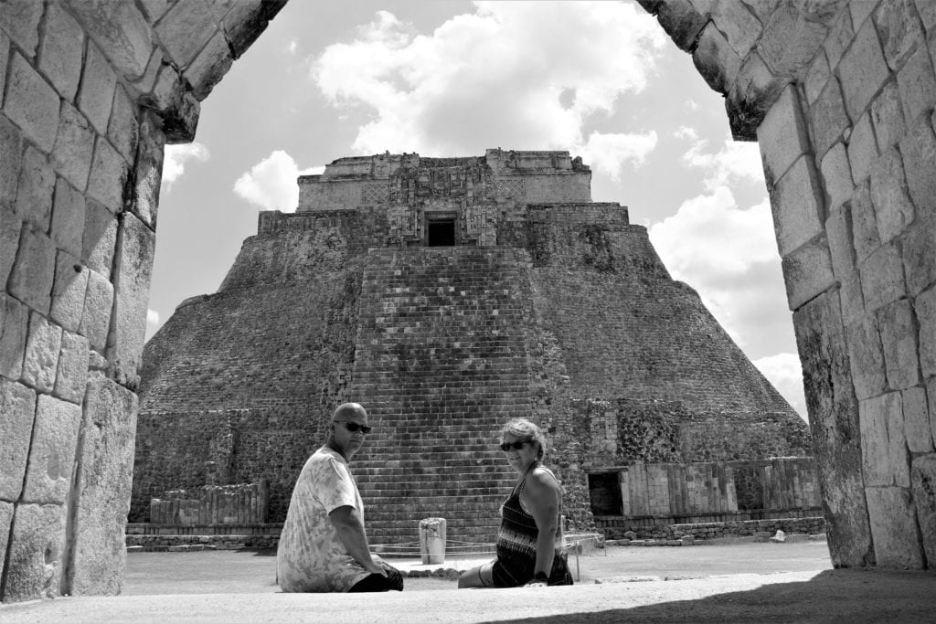 B&W of Cindy & I Looking through Arch Quadrangle of the birds