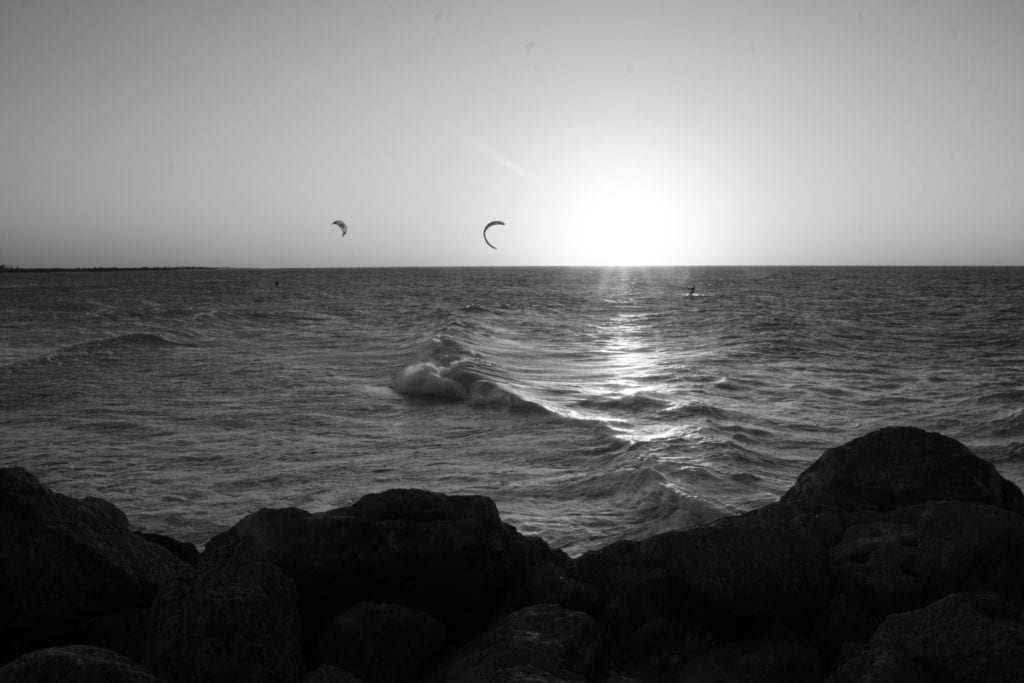 Kite boarding at Chuburna Puerto black & white