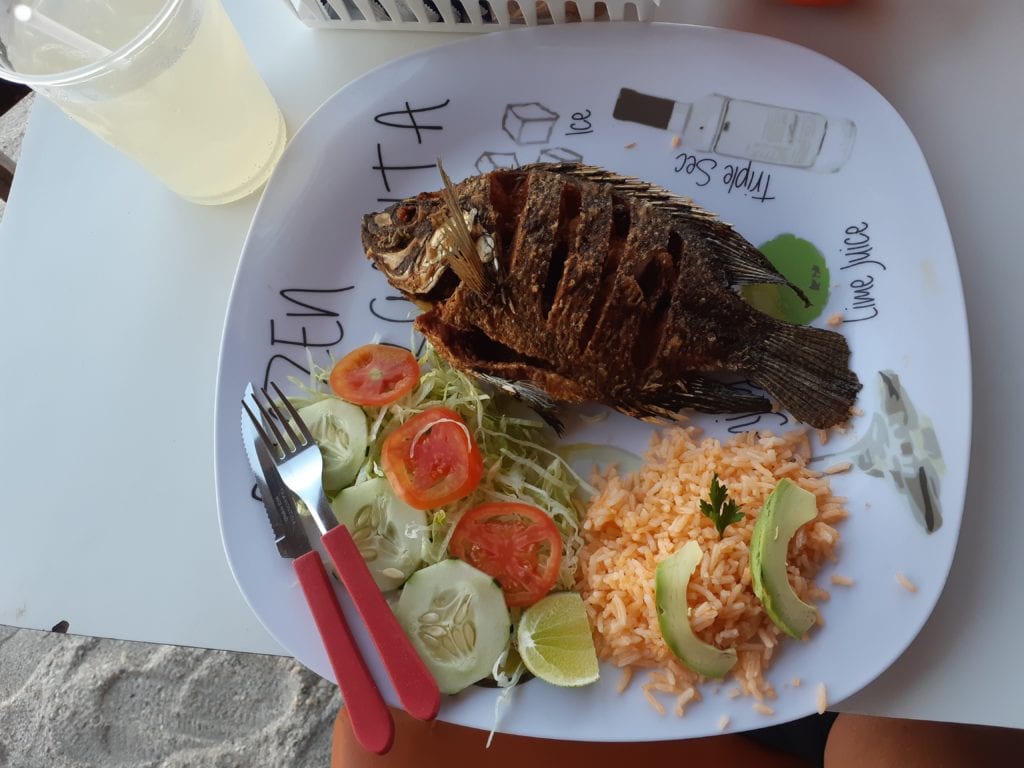 Fish dinner at beach restaurant