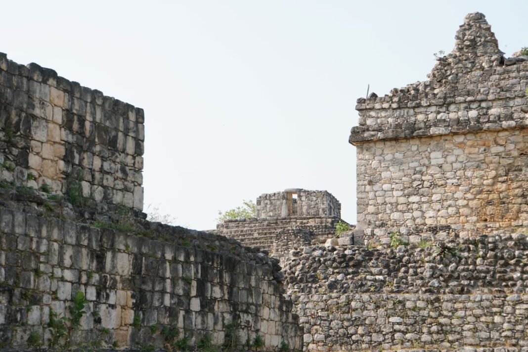 Looking back onto the Oval palace from the Ball court at Ek Balam