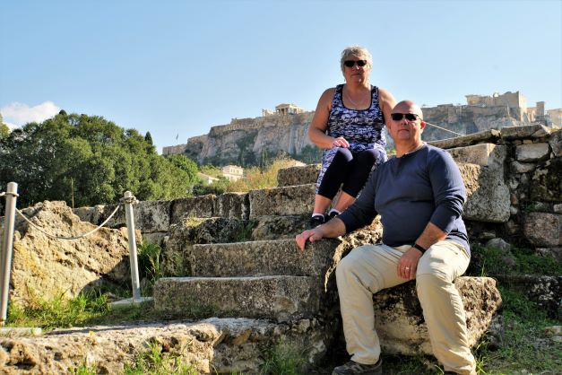 Cindy and I at the Ancient Agora with the Acropolis behind us