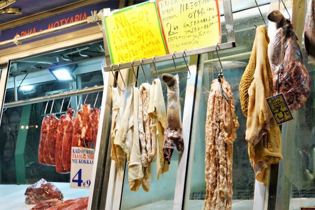 meat hanging in the local Athens market