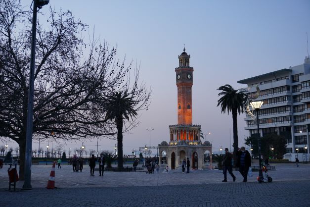 Clock tower at night in Konak square Izmir