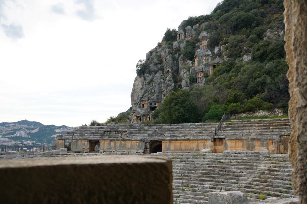 Looking at Lycian Rock graves from theater in Myra